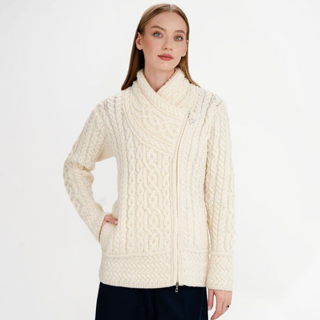 Aran Knit Coatigan with Celtic Knot Side Zip, White Studio Front View Creative Irish Gifts