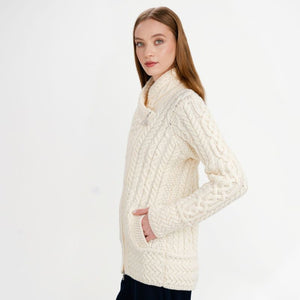Women's Aran Jacket with Celtic Knot Side Zip White Side View Creative Irish Gifts