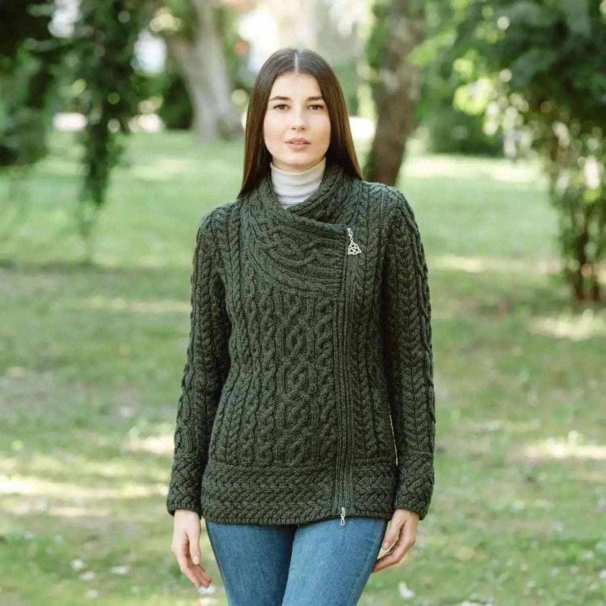 ML136-102 Aran Knit Coatigan with Celtic Knot Side Zip, Army Green Creative Irish Gifts
