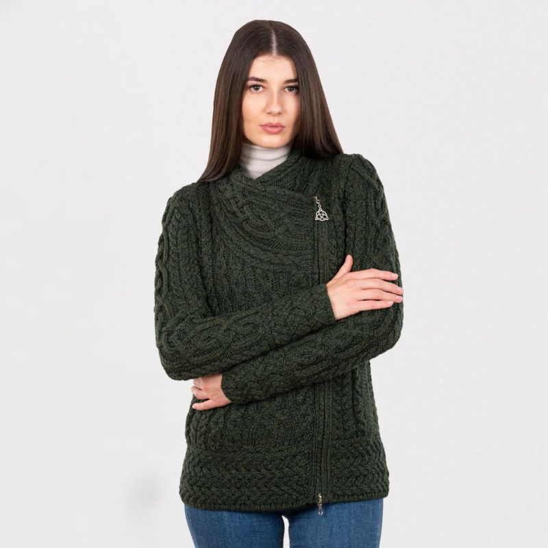 Aran Knit Coatigan with Celtic Knot Side Zip, Army Green Front View Creative Irish Gifts
