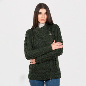 Aran Knit Coatigan with Celtic Knot Side Zip, Army Green Front View Creative Irish Gifts