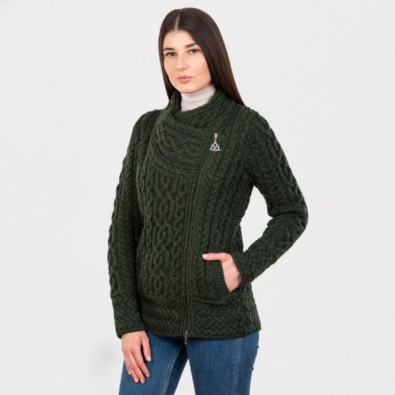 Aran Knit Coatigan with Celtic Knot Side Zip, Army Green Side View Creative Irish Gifts
