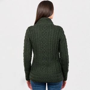 Women's Aran Jacket with Celtic Knot Side Zip Army Green Back View Creative Irish Gifts