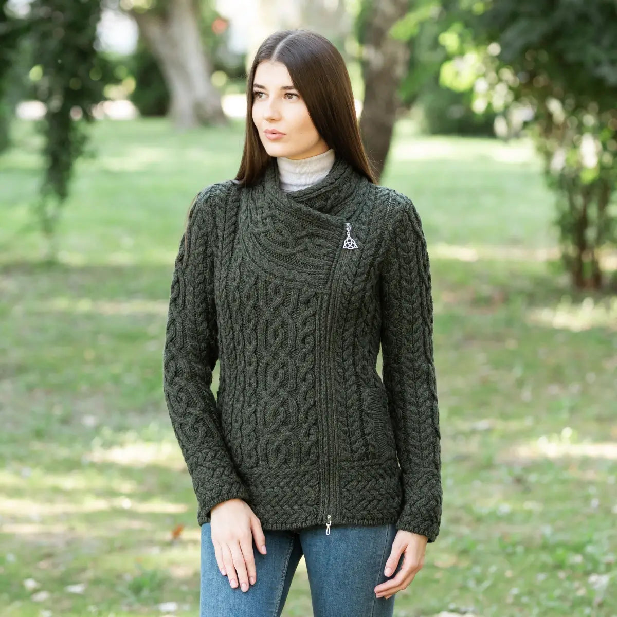 ML136-102 Aran Knit Coatigan with Celtic Knot Side Zip, Army Green Creative Irish Gifts
