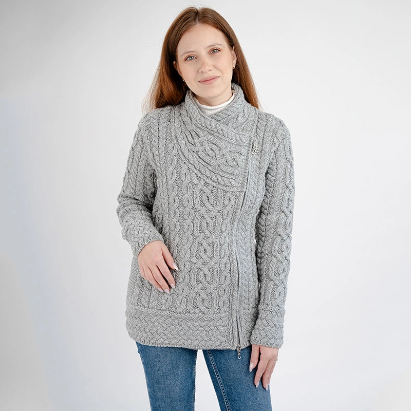 ML136-103 Women's Aran Knit Asymmetrical Zip Coat, Grey Creative Irish Gifts
