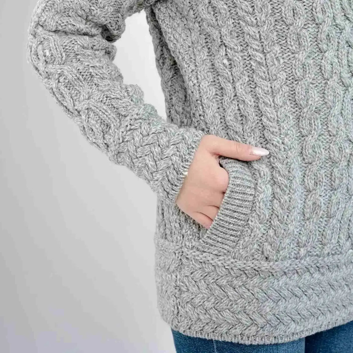 ML136-103 Women's Aran Knit Asymmetrical Zip Coat, Grey Close Up Creative Irish Gifts
