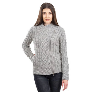 Women's Aran Knit Asymmetrical Zip Coat, Grey