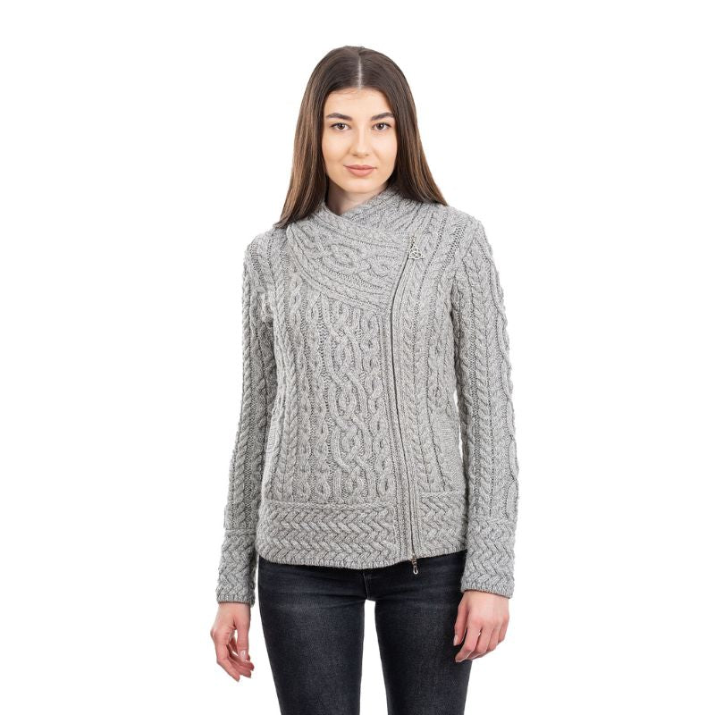 Aran Knit Coatigan with Celtic Knot Side Zip, Grey Front View Creative Irish Gifts