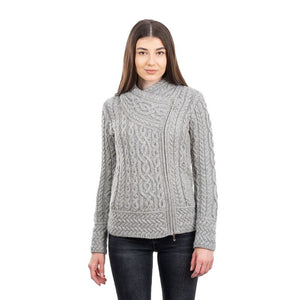 Aran Knit Coatigan with Celtic Knot Side Zip, Grey Front View Creative Irish Gifts