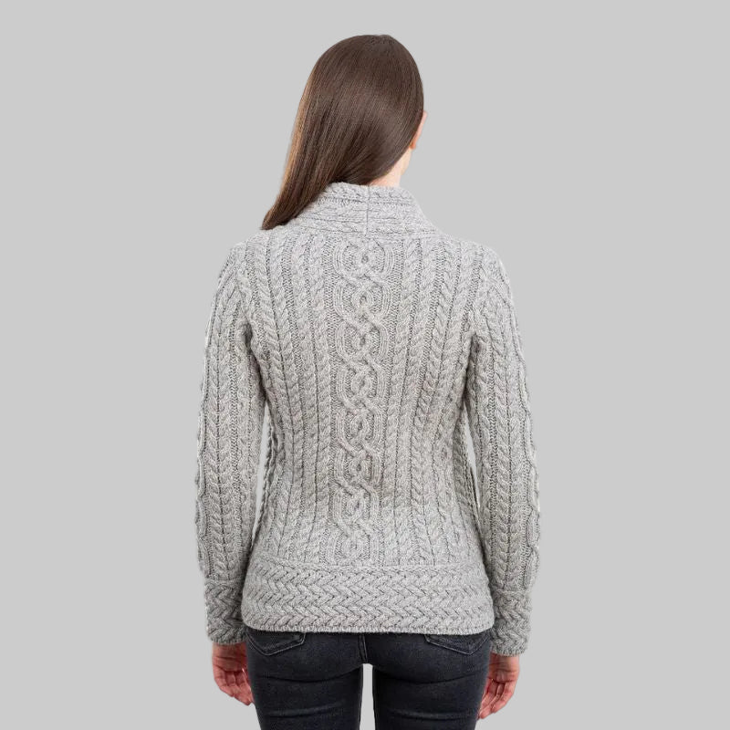 Women's Aran Jacket with Celtic Knot Side Zip Grey Back View Creative Irish Gifts