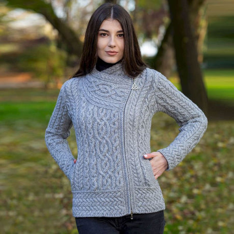 Aran Knit Coatigan with Celtic Knot Side Zip, Grey Lifestyle Creative Irish Gifts