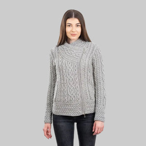 Women's Aran Jacket with Celtic Knot Side Zip Grey Front View Creative Irish Gifts