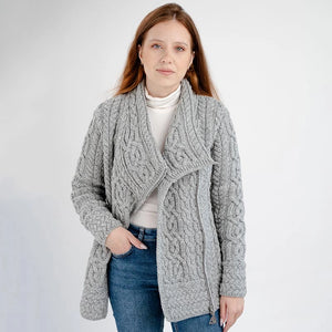 ML136-103 Women's Aran Knit Asymmetrical Zip Coat, Grey Opened Creative Irish Gifts
