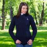 ML136-104 Women's Aran Knit Asymmetrical Zip Coat, Navy Creative Irish Gifts
