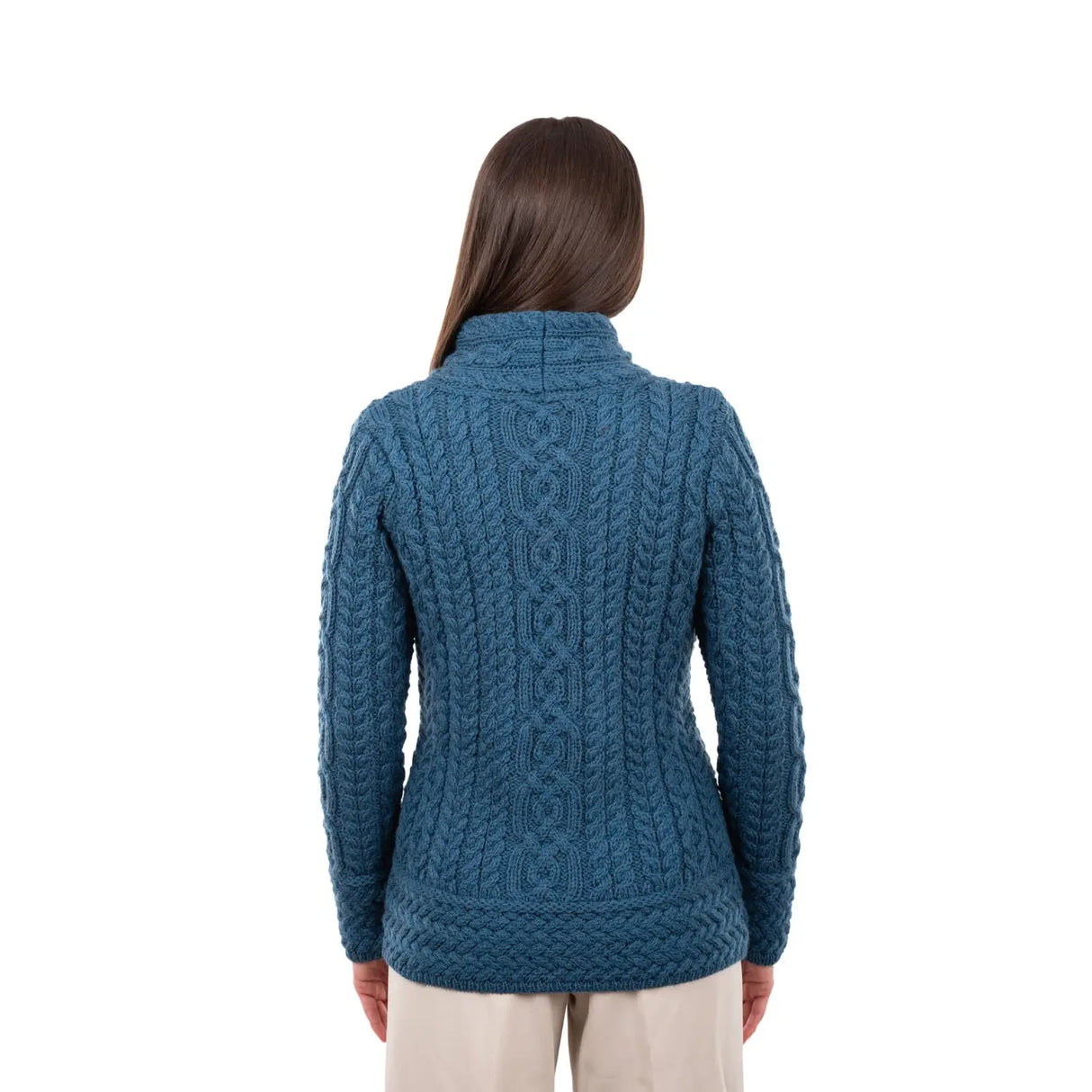 ML136-107 Aran Knit Coatigan with Celtic Knot Side Zip, Teal Back View Creative Irish Gifts
