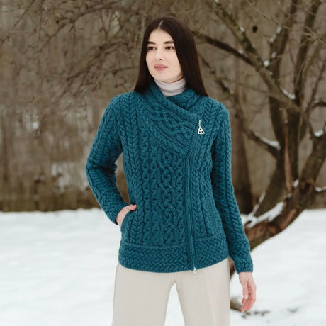 ML136-107 Aran Knit Coatigan with Celtic Knot Side Zip, Teal Creative Irish Gifts
