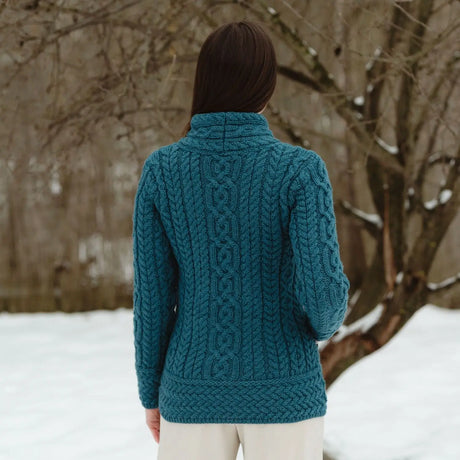 ML136-107 Aran Knit Coatigan with Celtic Knot Side Zip, Teal Back View Creative Irish Gifts
