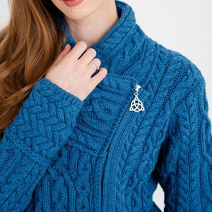 Women's Aran Jacket with Celtic Knot Side Zip Blue Creative Irish Gifts