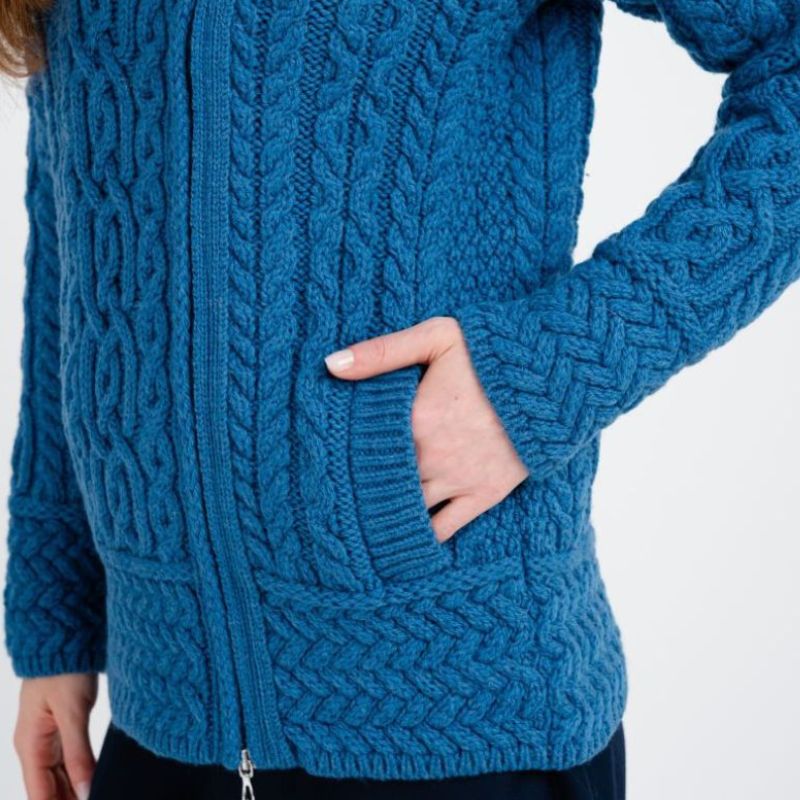 Women's Aran Jacket with Celtic Knot Side Zip Blue Studio Creative Irish Gifts