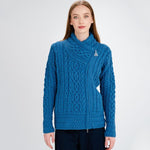 Women's Aran Jacket with Celtic Knot Side Zip Blue Front View Creative Irish Gifts