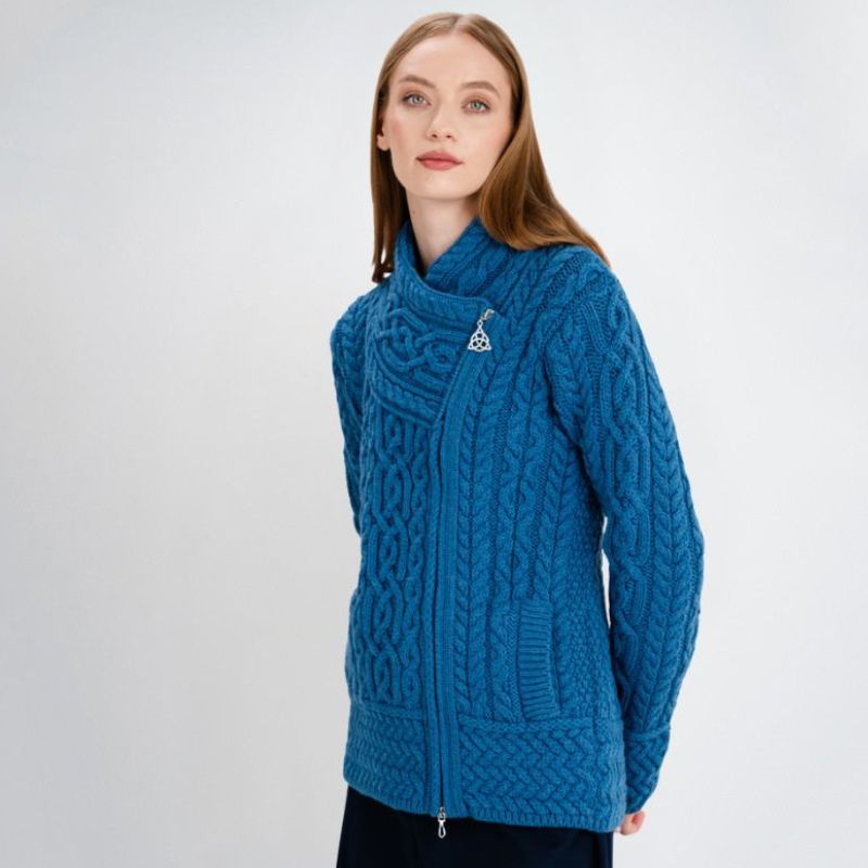 Women's Aran Jacket with Celtic Knot Side Zip Blue Side View Creative Irish Gifts