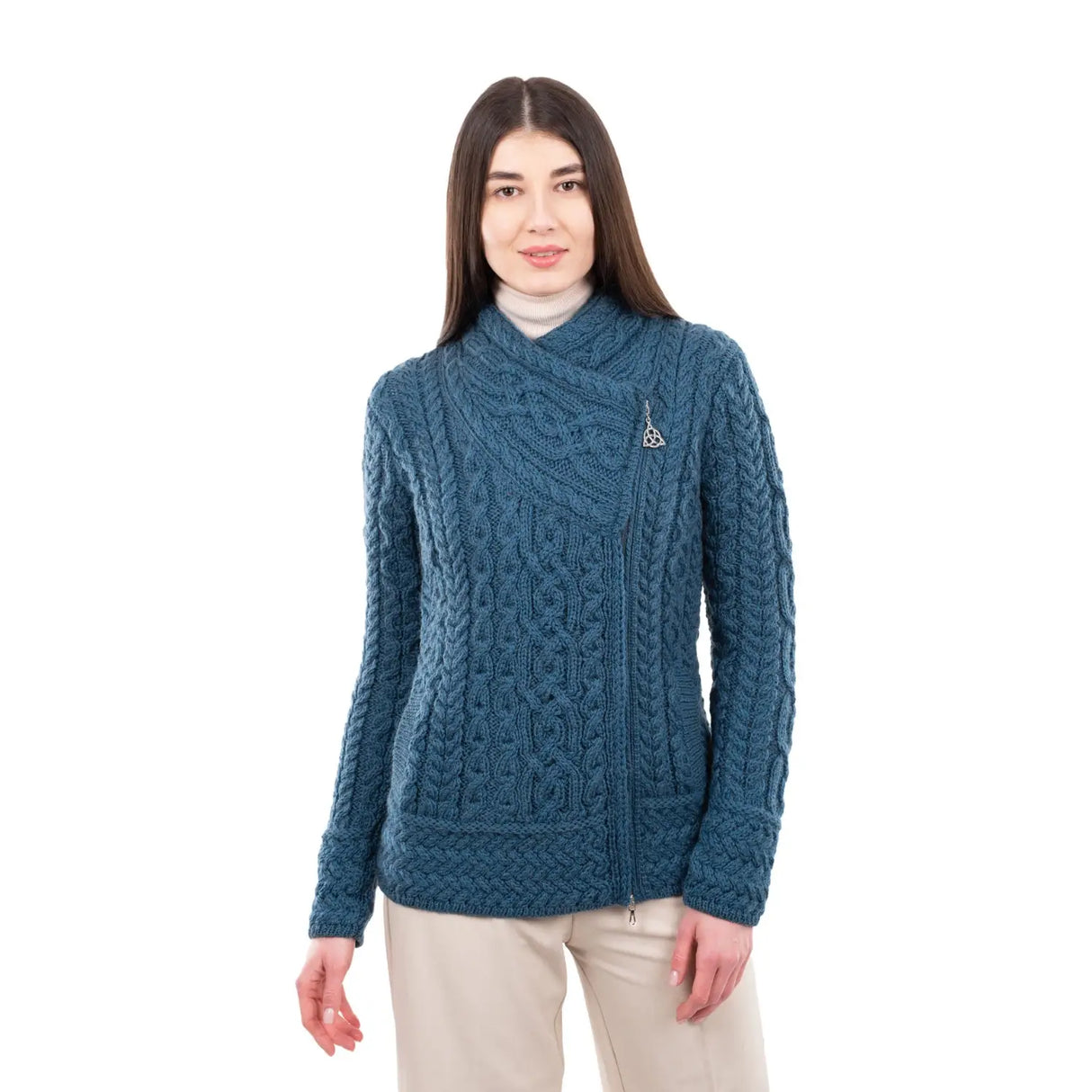 ML136-107 Aran Knit Coatigan with Celtic Knot Side Zip, Teal Creative Irish Gifts
