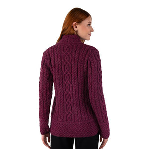 Women's Aran Jacket with Celtic Knot Side Zip Velvet Red Back View Creative Irish Gifts