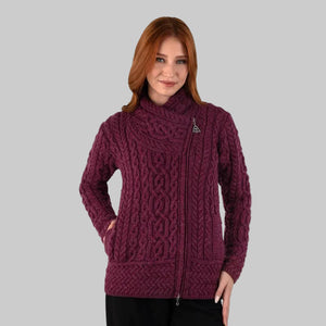 Women's Aran Jacket with Celtic Knot Side Zip Velvet Red Creative Irish Gifts
