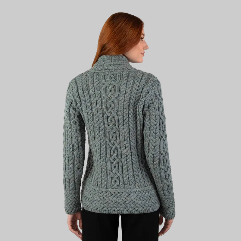 Women's Aran Jacket with Celtic Knot Side Zip Back View Creative Irish Gifts