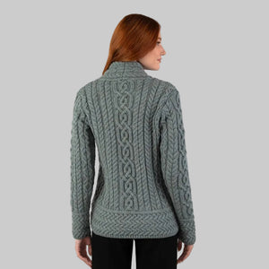 Women's Aran Jacket with Celtic Knot Side Zip Back View Creative Irish Gifts