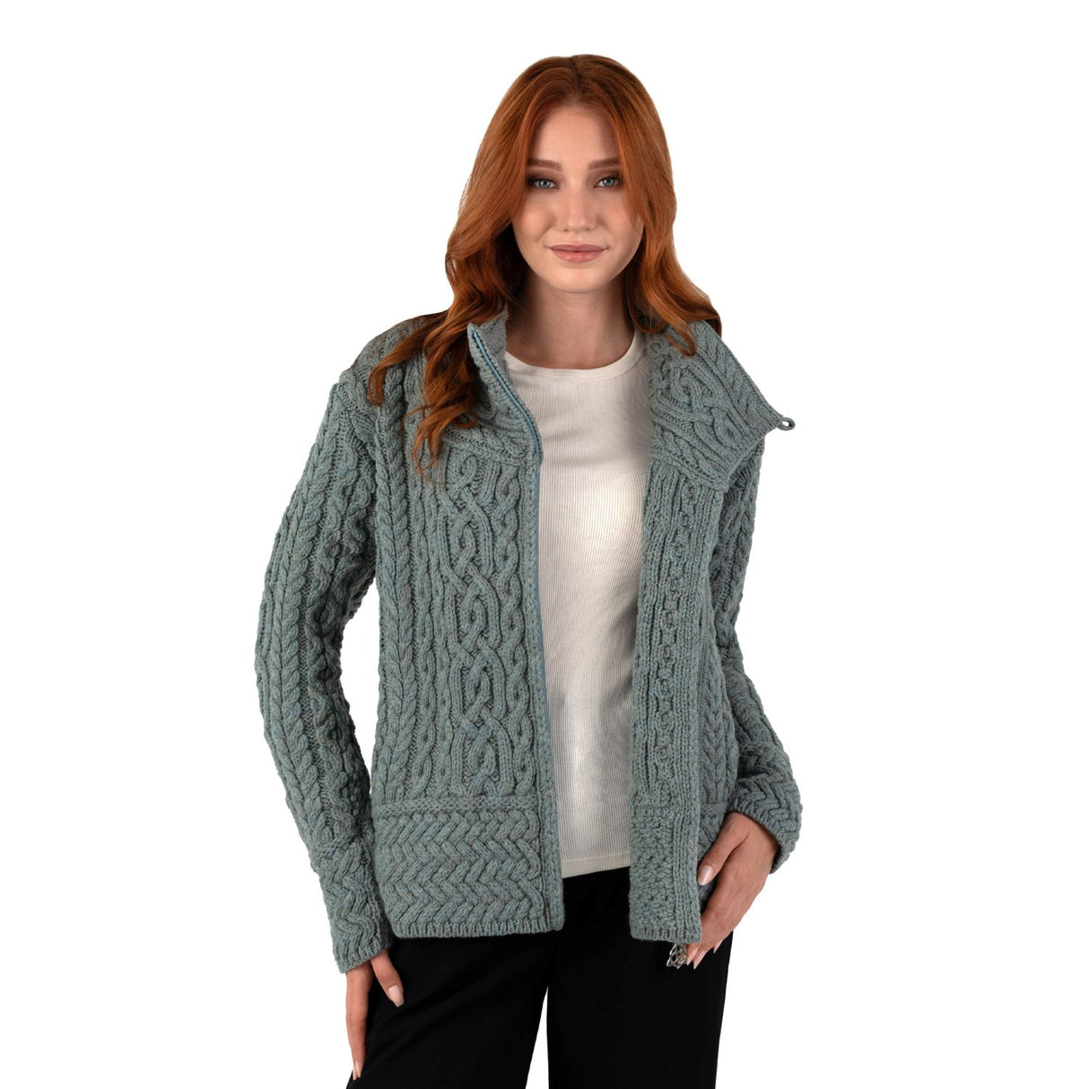 ML136-113 Ladies Cable Knit Merino Wool Cardigan Creative Irish Gifts
