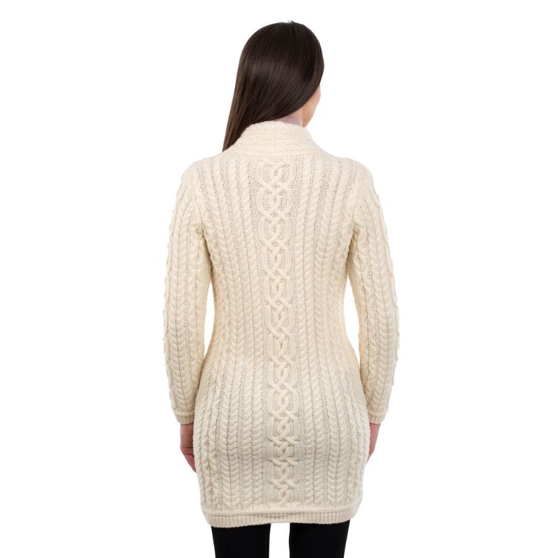 Women's Aran Knit Side Zip Long Jacket, White back view Creative Irish Gifts