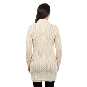Women's Aran Knit Side Zip Long Jacket, White back view Creative Irish Gifts