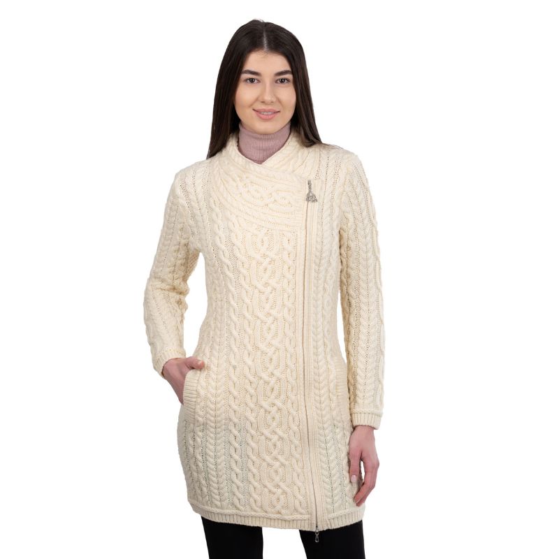 Women's Aran Knit Side Zip Long Jacket, White Creative Irish Gifts