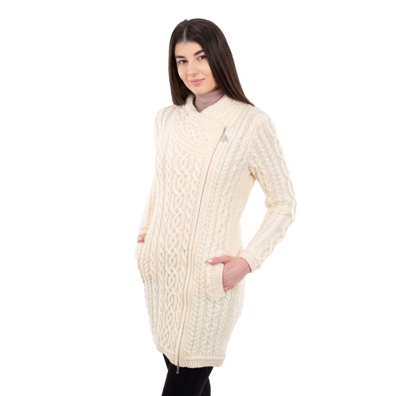 Women's Aran Knit Side Zip Long Jacket, White studio Creative Irish Gifts