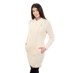 Women's Aran Knit Side Zip Long Jacket, White studio Creative Irish Gifts