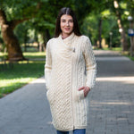 Women's Aran Knit Side Zip Long Jacket, White Lifestyle Creative Irish Gifts