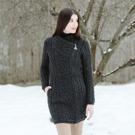 Women's Aran Knit Side Zip Long Jacket, Charcoal Lifestyle Creative Irish Gifts