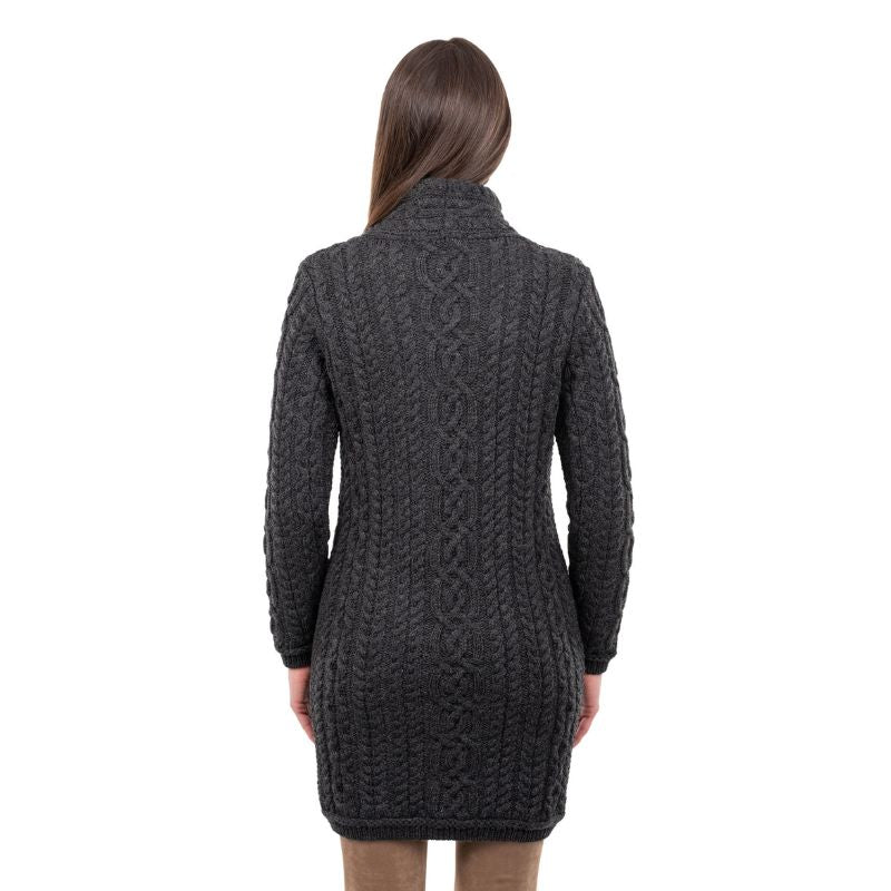 Women's Aran Knit Side Zip Long Jacket, Charcoal Back View Creative Irish Gifts