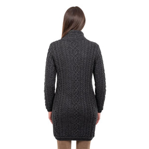 Women's Aran Knit Side Zip Long Jacket, Charcoal Back View Creative Irish Gifts