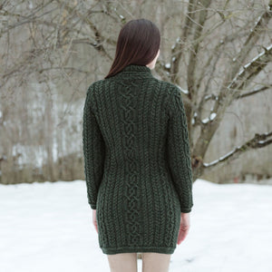 ML143-102 Women's Aran Knit Side Zip Long Jacket, Army Green Back View Creative Irish Gifts
