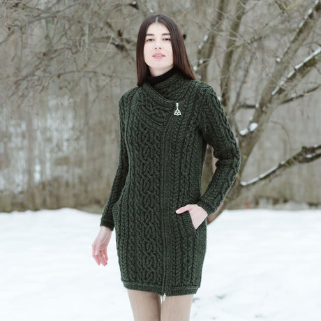 ML143-102 Women's Aran Knit Side Zip Long Jacket, Army Green Creative Irish Gifts

