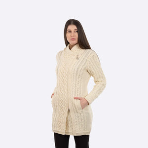 ML144-100 Women's Aran Knit Side Zip Jacket - Oatmeal Creative Irish Gifts
