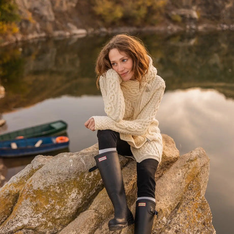 ML144-100 Women's Aran Knit Side Zip Jacket - Oatmeal Creative Irish Gifts
