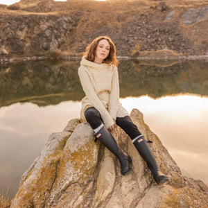 ML144-100 Women's Aran Knit Side Zip Jacket - Oatmeal Creative Irish Gifts
