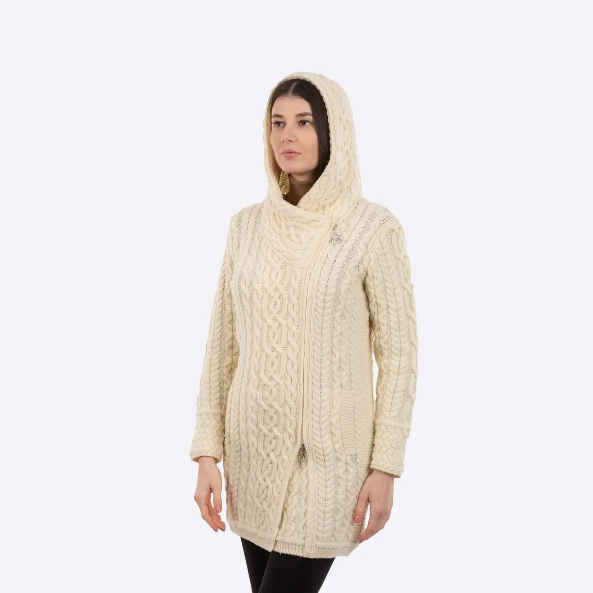 ML144-100 Women's Aran Knit Side Zip Jacket - Oatmeal Creative Irish Gifts
