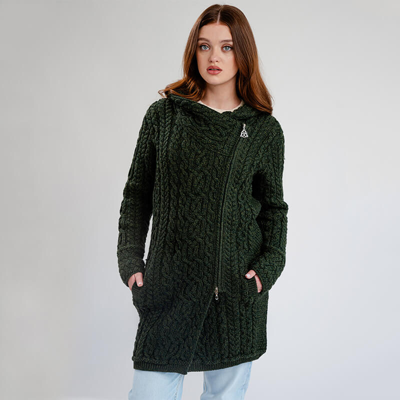 Merino Wool Aran Zip Long Cardigan