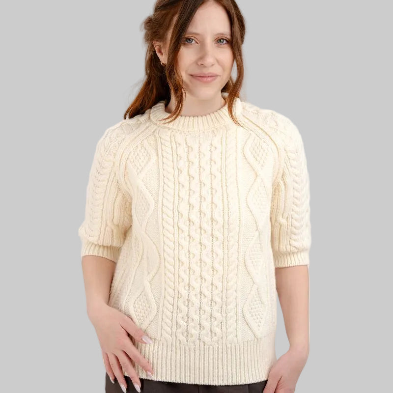Women's Aran Sweater with Short Sleeves White Front View Creative Irish Gift.