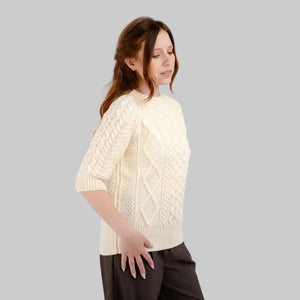 Women's Aran Sweater with Short Sleeves White side view Creative Irish Gift.