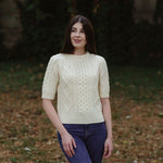Women's Aran Sweater with Short Sleeves White Lifestyle Creative Irish Gift.